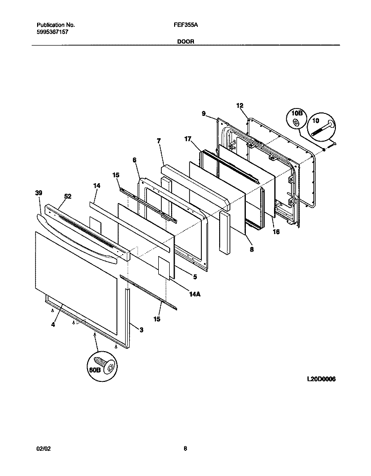 DOOR Diagram and Parts List for FEF355AWC  Frigidaire Range