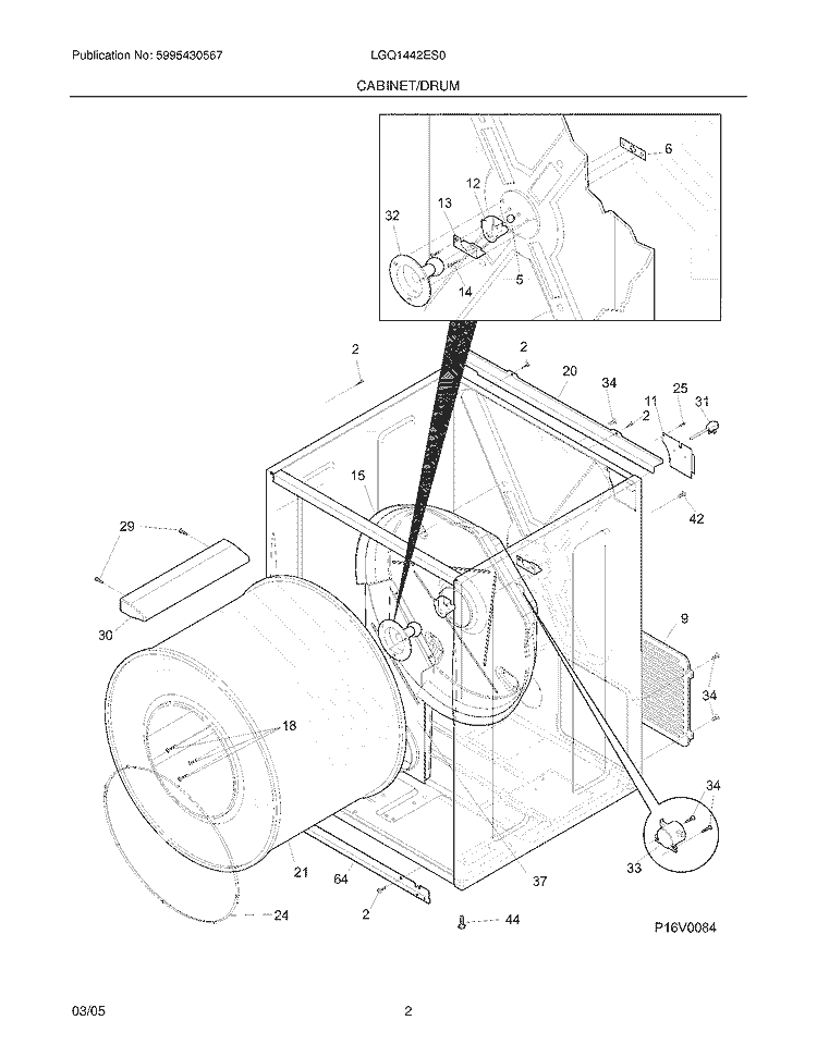 CABINET / DRUM Diagram and Parts List for LGQ1442ES0  Frigidaire Dryer