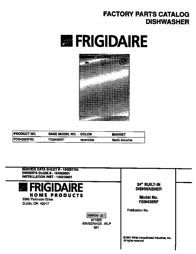 COVER Diagram and Parts List for FDB435RFR3  Frigidaire Dishwasher
