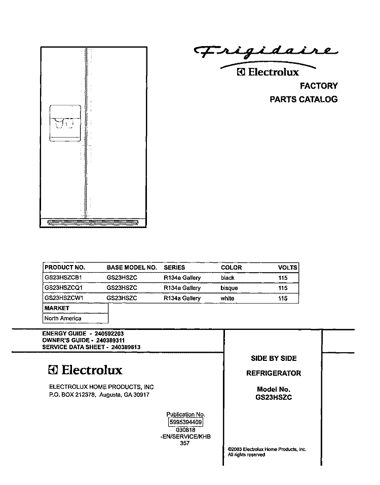 COVER Diagram and Parts List for GS23HSZCB1  Frigidaire Refrigerator