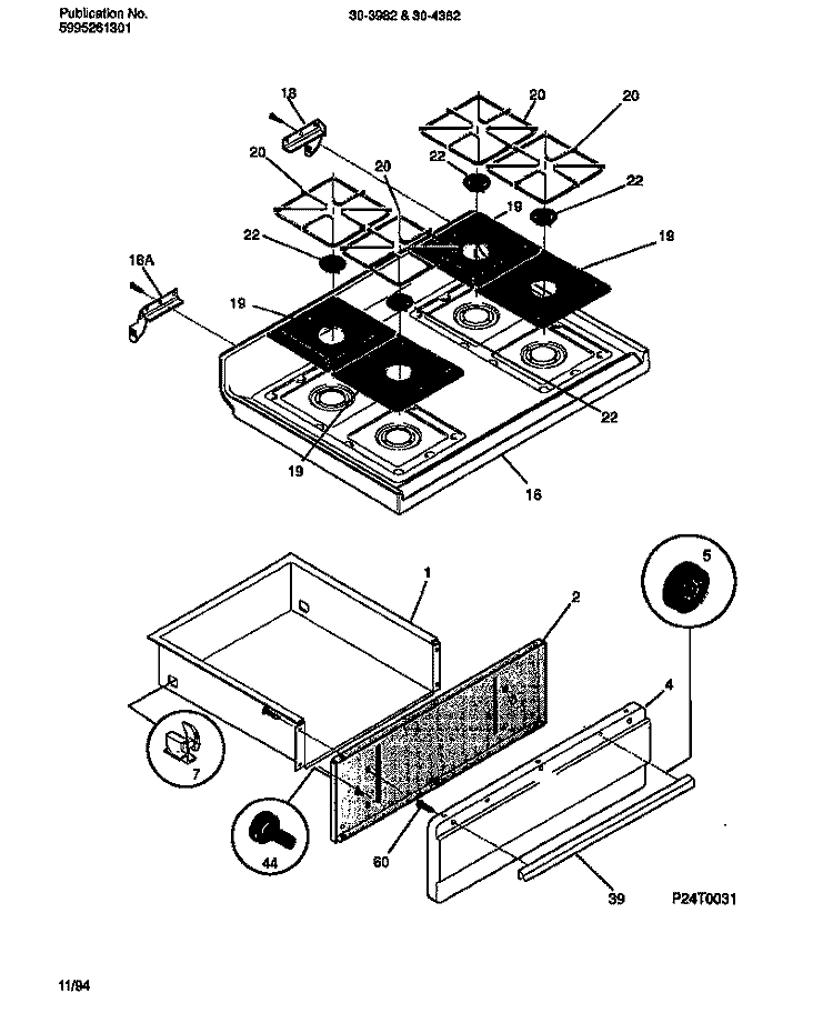 TOP / DRAWER Diagram and Parts List for 30-3982-23-04  Tappan Range