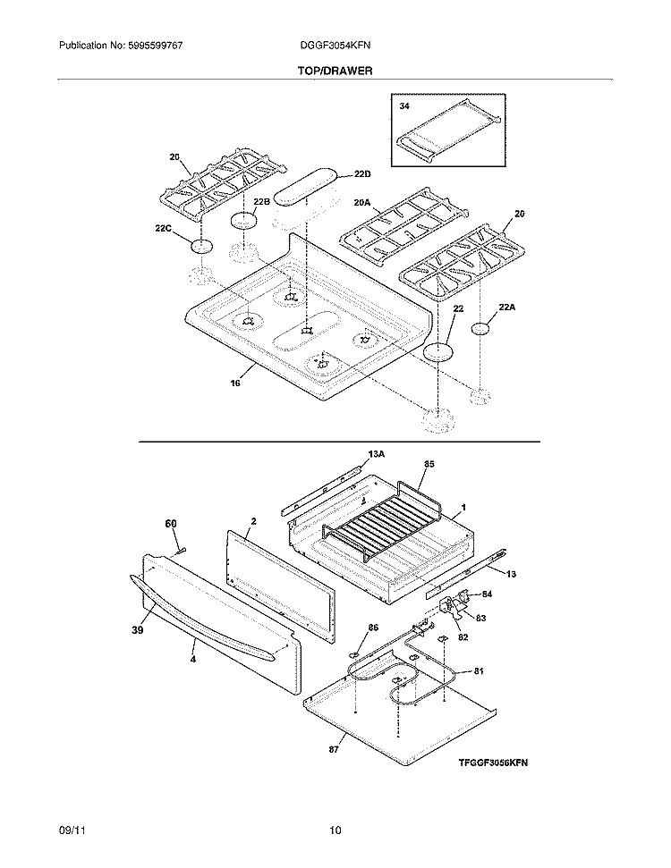 TOP/DRAWER Diagram and Parts List for DGGF3054KFN  Frigidaire Range