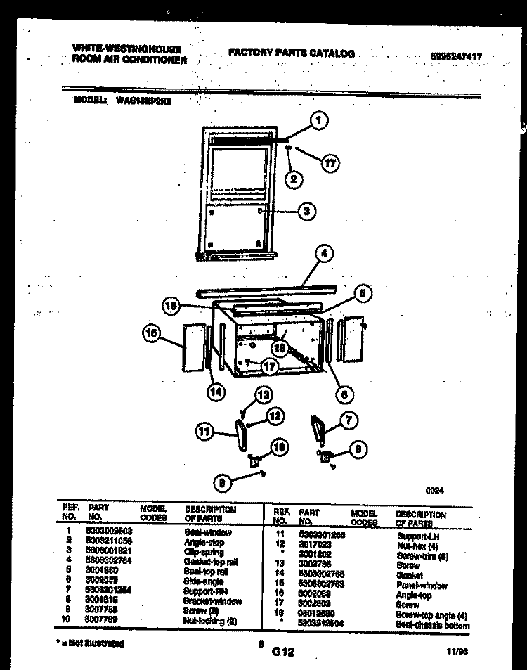 CABINET AND INSTALLATION PARTS Diagram and Parts List for WAS18EP2K2  Frigidaire Air Conditioner