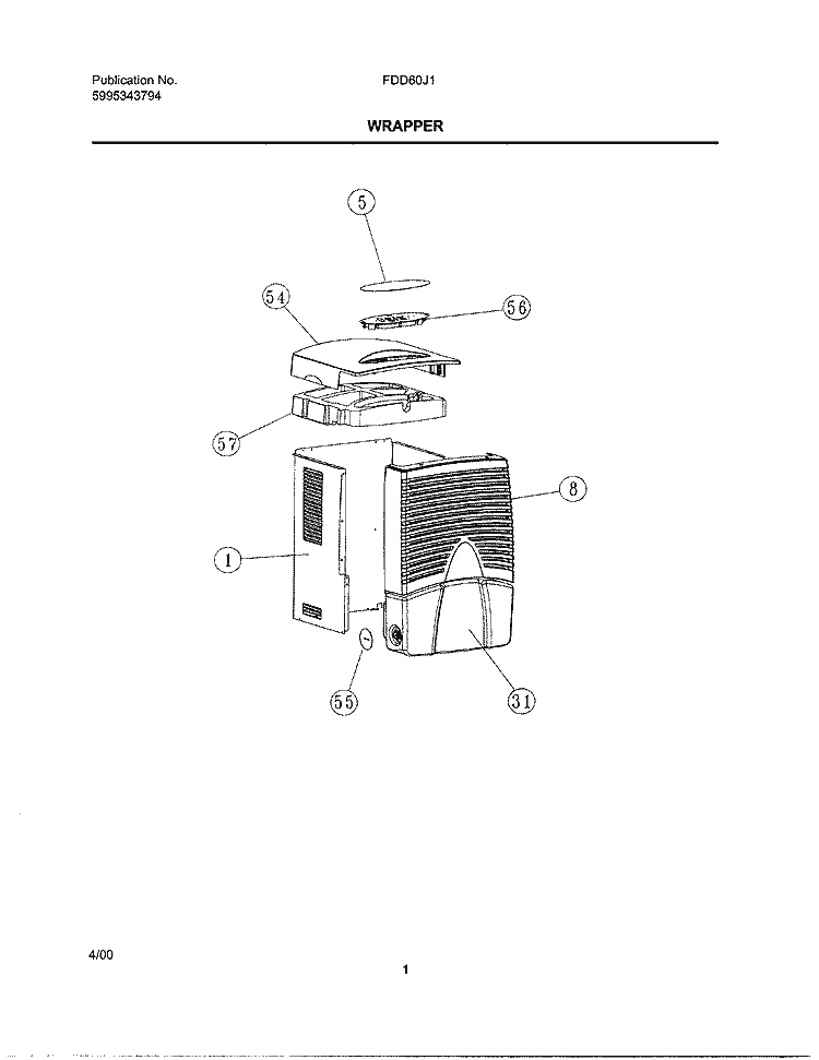 WRAPPER Diagram and Parts List for FDD60J1  Frigidaire Dehumidifier