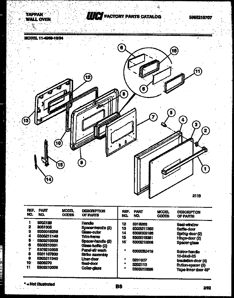 DOOR PARTS Diagram and Parts List for 11-4969-00-04  Tappan Wall Oven