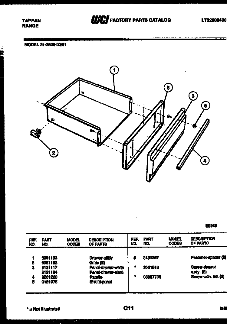 DRAWER PARTS Diagram and Parts List for 31-2549-00-01  Tappan Range