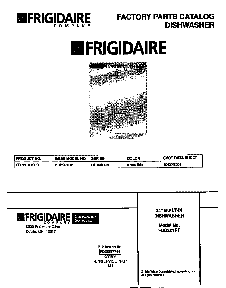 COVER Diagram and Parts List for FDB221RFR0  Frigidaire Dishwasher
