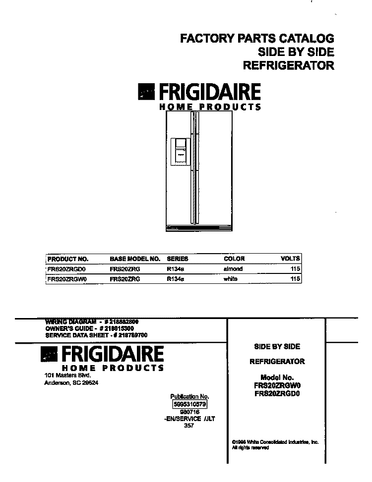 COVER Diagram and Parts List for FRS20ZRGW0  Frigidaire Refrigerator