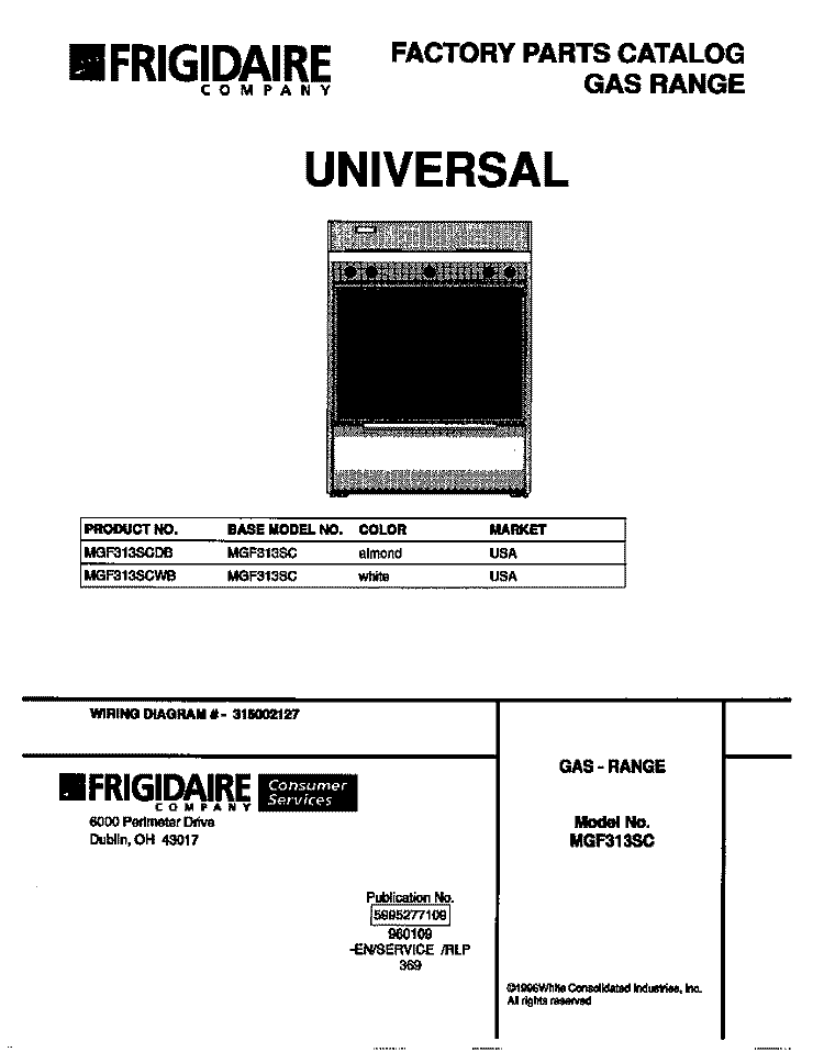COVER Diagram and Parts List for MGF313SCWB  Frigidaire Range