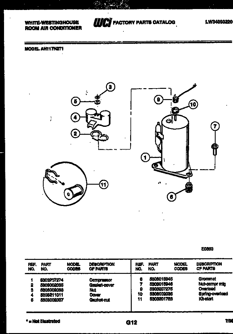 COMPRESSOR PARTS Diagram and Parts List for AH117N2T1  Frigidaire Air Conditioner
