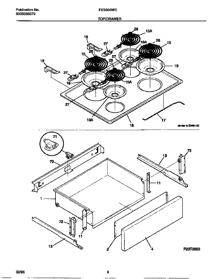 TOP / DRAWER Diagram and Parts List for FES300WCWG  Frigidaire Range