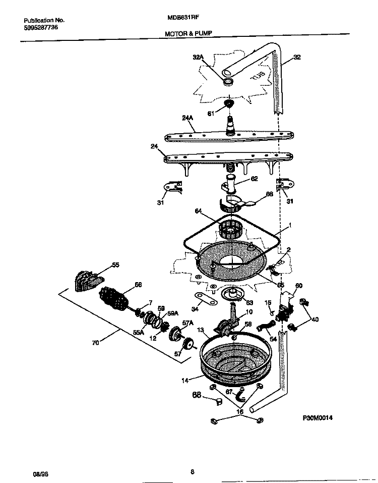 MOTOR & PUMP Diagram and Parts List for MDB631RFR0  Frigidaire Dishwasher