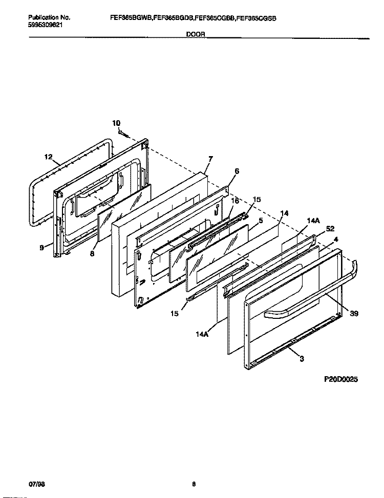 DOOR Diagram and Parts List for FEF365CGSB  Frigidaire Range