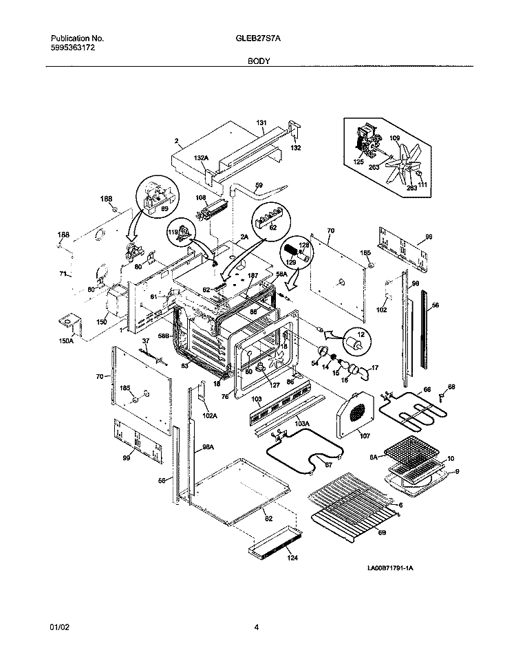 BODY Diagram and Parts List for GLEB27S7ABA  Frigidaire Wall Oven