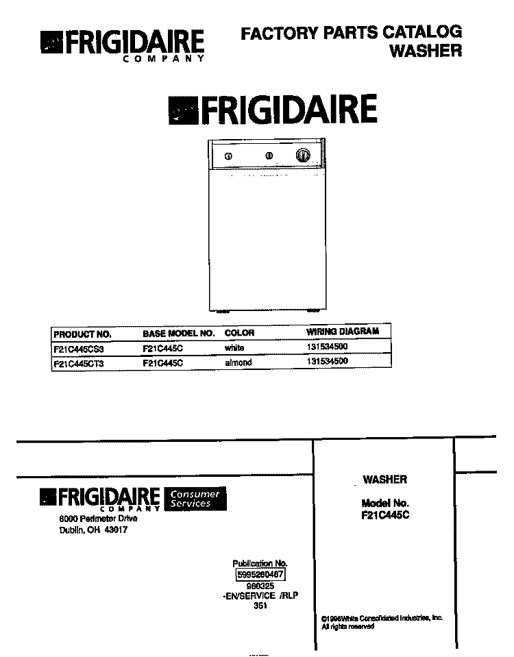 COVER Diagram and Parts List for F21C445CS3  Frigidaire Washer