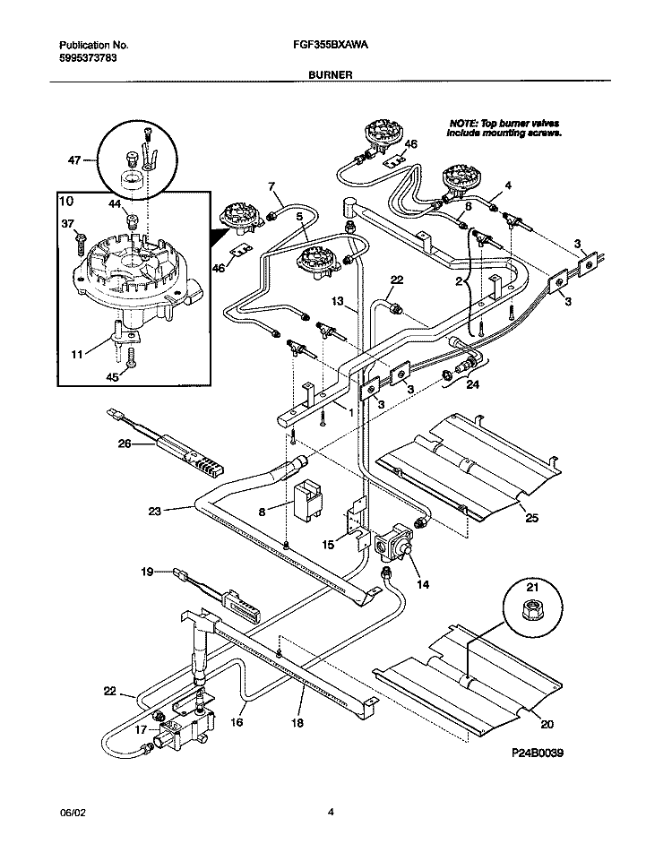 BURNER Diagram and Parts List for FGF355BXAWA  Frigidaire Range