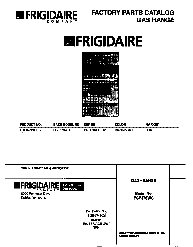 COVER Diagram and Parts List for FGF378WCCB  Frigidaire Range