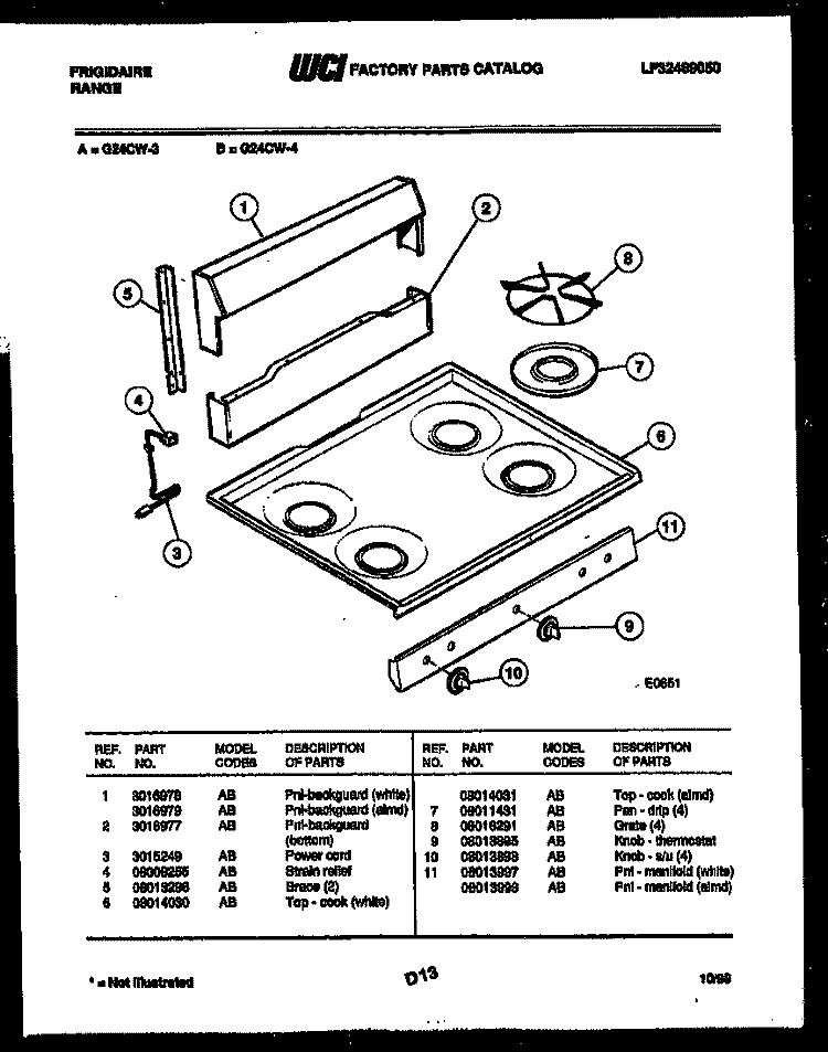 BACKGUARD AND COOKTOP PARTS Diagram and Parts List for G24CL3  Frigidaire Range