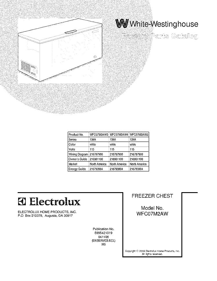 COVER Diagram and Parts List for WFC07M2AW5  Westinghouse Freezer