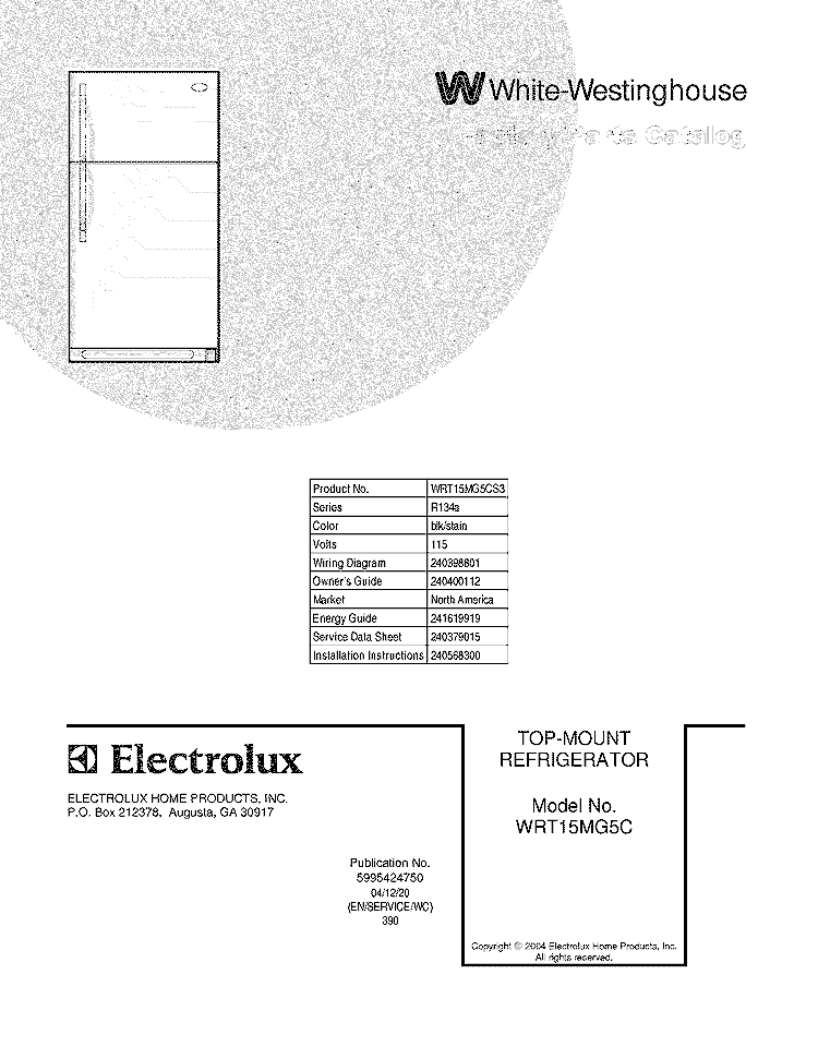 COVER Diagram and Parts List for WRT15MG5CS3  Westinghouse Refrigerator