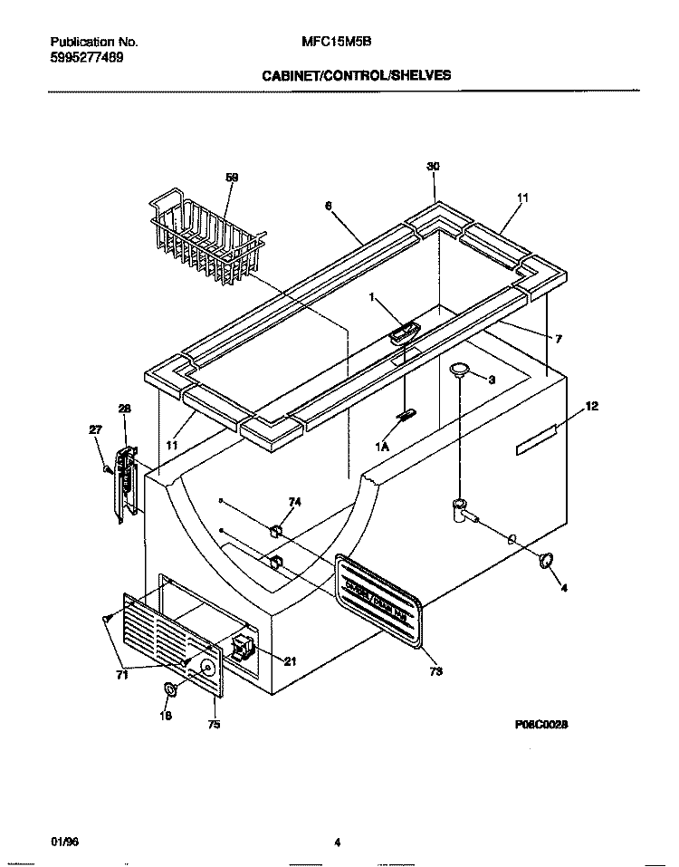 CABINET / CONTROL / SHELVES Diagram and Parts List for MFC15M5BW2  Frigidaire Freezer