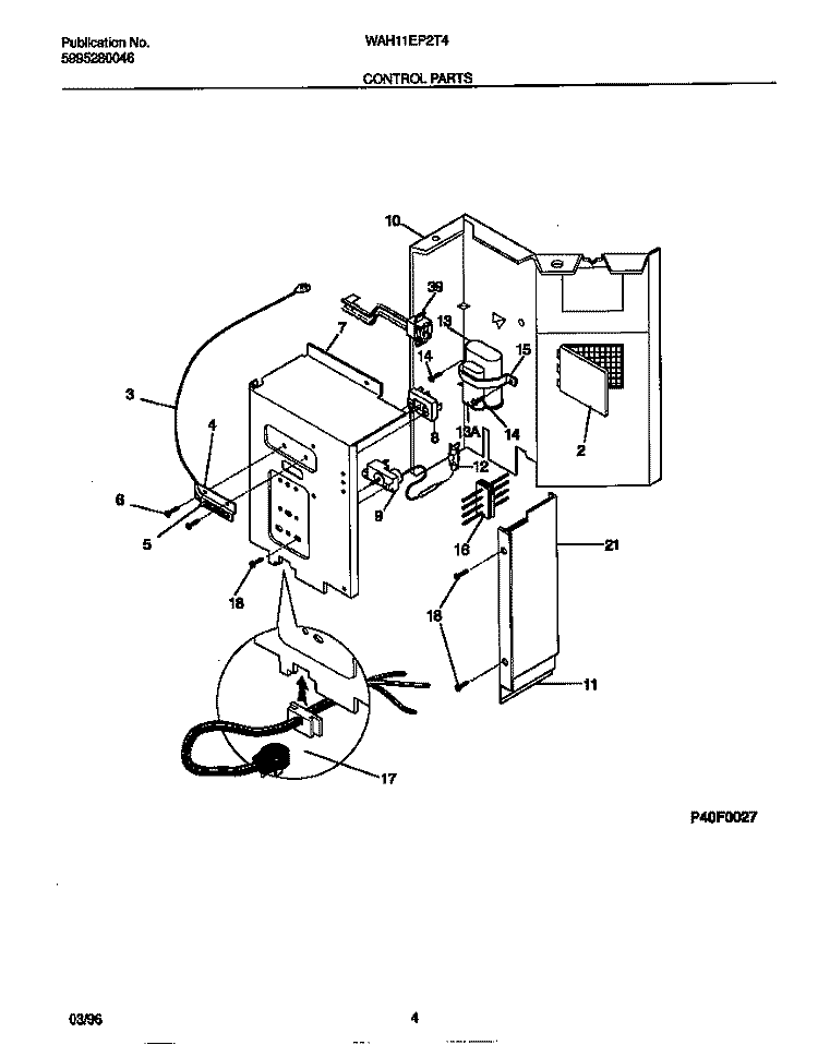 CONTROL PARTS Diagram and Parts List for WAH11EP2T4  Frigidaire Air Conditioner