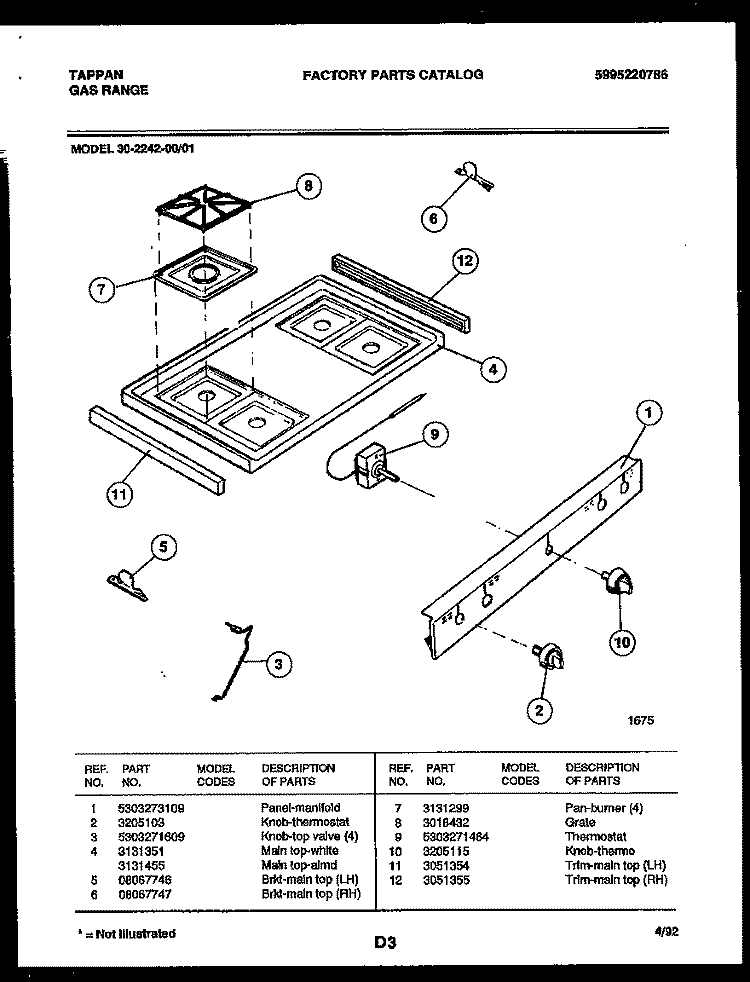 COOKTOP PARTS Diagram and Parts List for 30-2242-00-01  Tappan Range