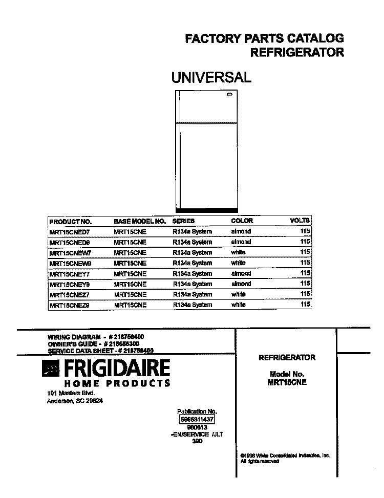 COVER Diagram and Parts List for MRT15CNEY9  Frigidaire Refrigerator