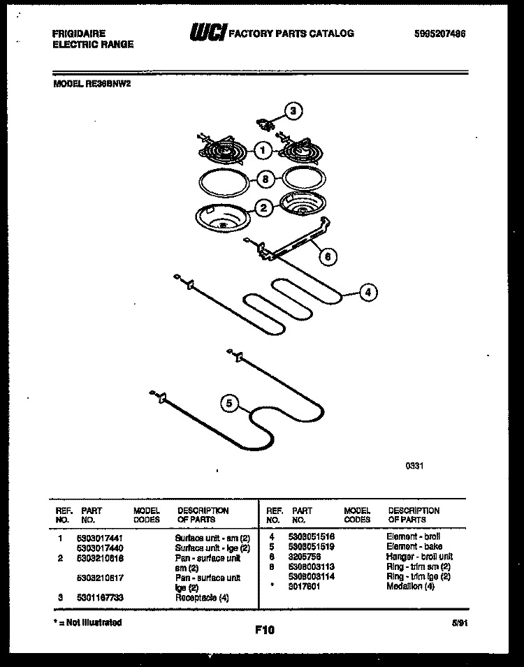 BROILER PARTS Diagram and Parts List for RE36BNW2  Frigidaire Range
