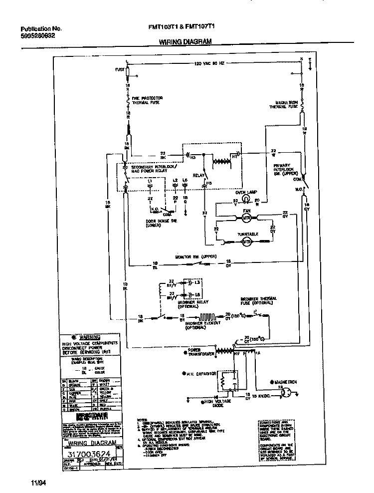 WIRING DIAGRAM Diagram and Parts List for FMT103T1W1  Frigidaire Microwave