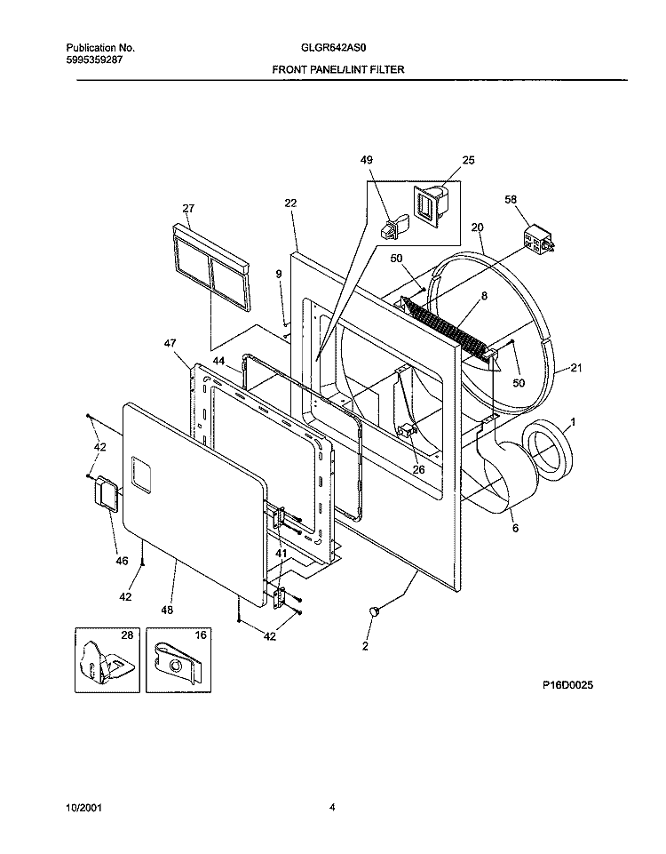 FRNT PNL, DOOR Diagram and Parts List for GLGR642AS0  Frigidaire Dryer