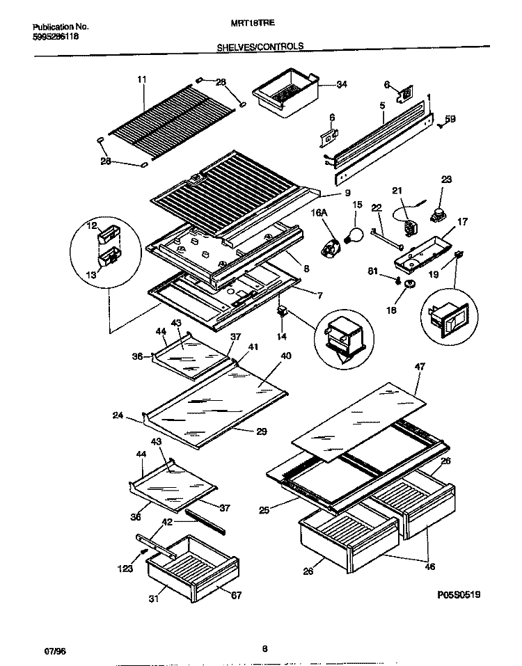 SHELVES / CONTROLS Diagram and Parts List for MRT18TRED1  Frigidaire Refrigerator