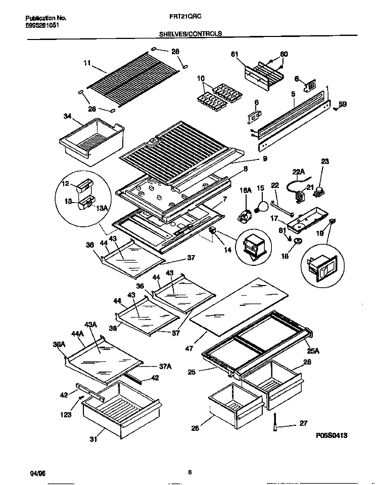 SHELVES / CONTROLS Diagram and Parts List for FRT21QRCW2  Frigidaire Refrigerator
