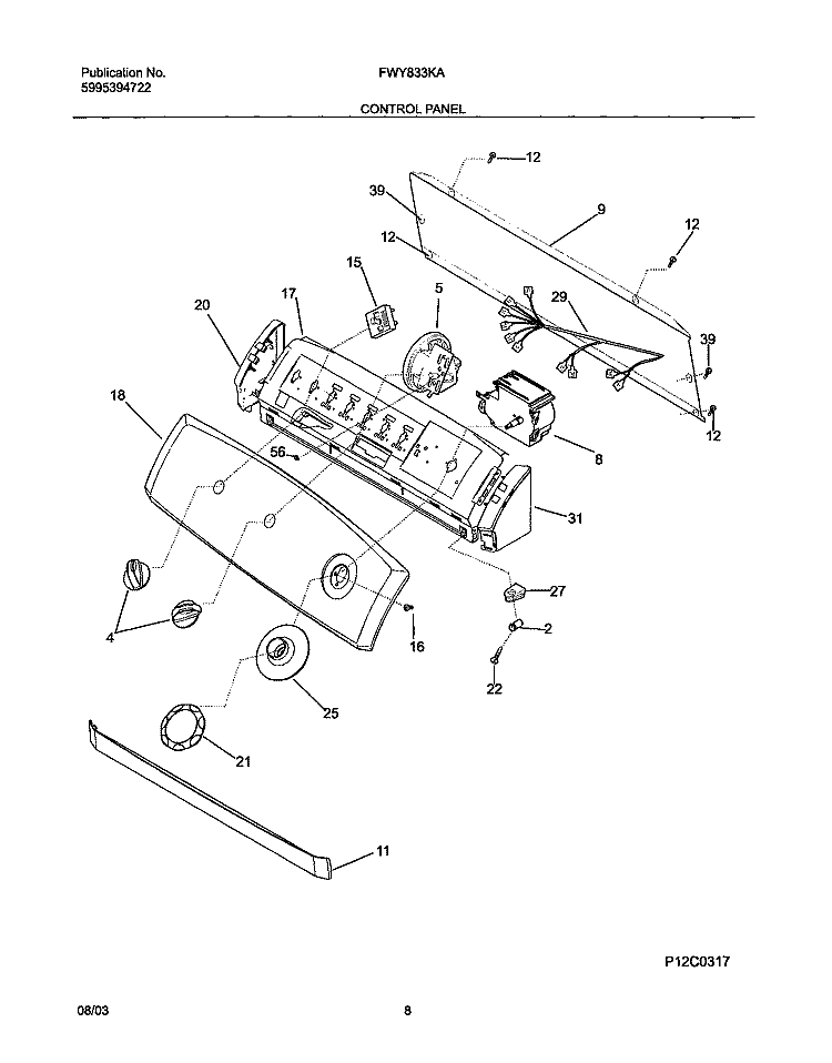 CONTROL PANEL Diagram and Parts List for FWY833KAS0  Frigidaire Washer