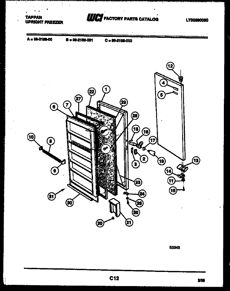 DOOR PARTS Diagram and Parts List for 98-2188-00-01  Tappan Freezer