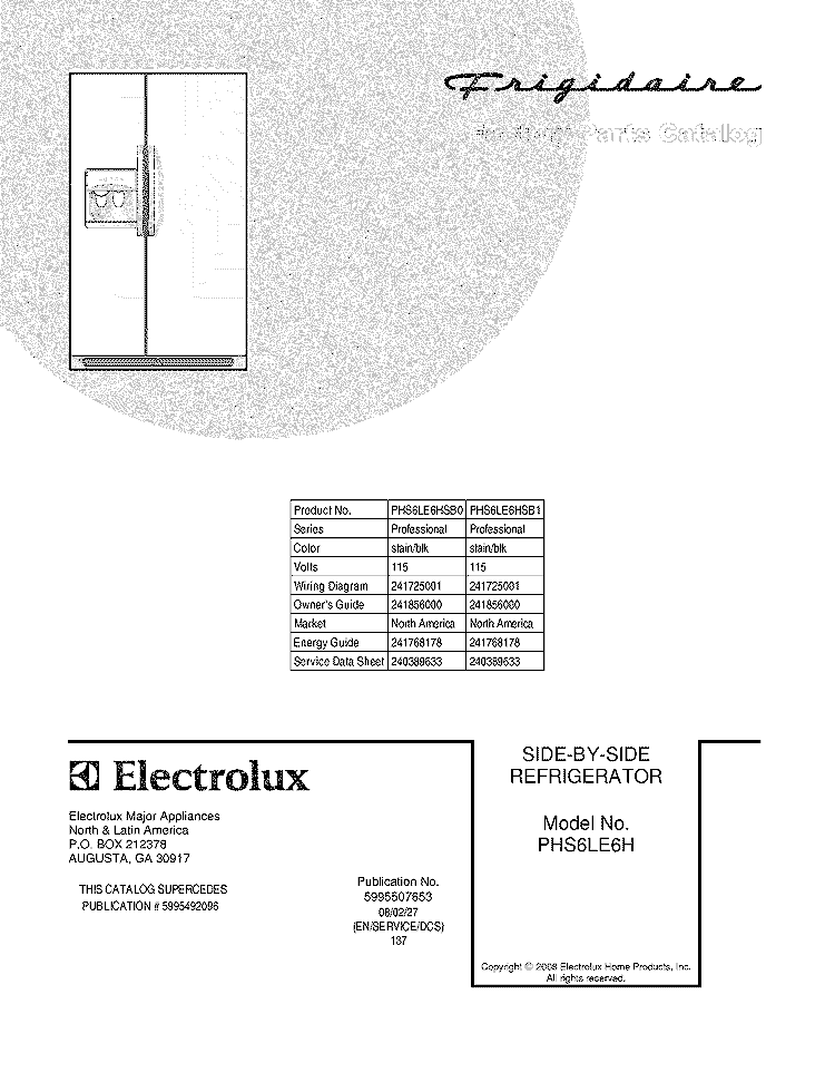 COVER Diagram and Parts List for PHS6LE6HSB0  Frigidaire Refrigerator