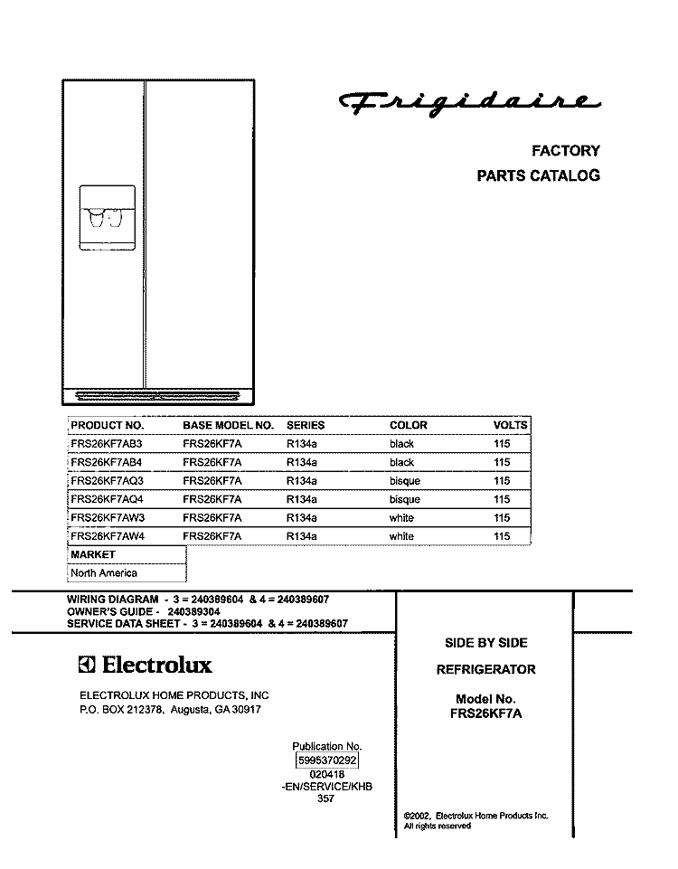 COVER Diagram and Parts List for FRS26KF7AB4  Frigidaire Refrigerator