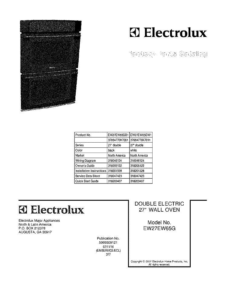 COVER Diagram and Parts List for EW27EW65GB1  Electrolux Wall Oven