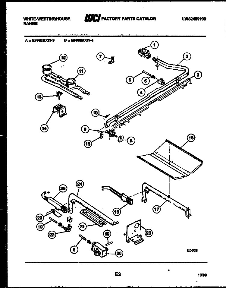 BURNER, MANIFOLD AND GAS CONTROL Diagram and Parts List for GF980KXW3  Frigidaire Range