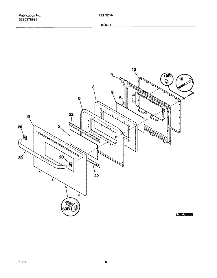 DOOR Diagram and Parts List for FEF326AQD  Frigidaire Range