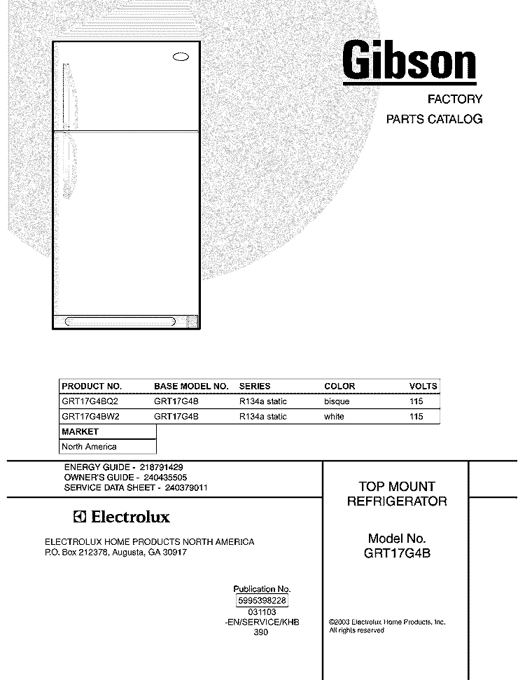 COVER Diagram and Parts List for GRT17G4BW2  Gibson Refrigerator