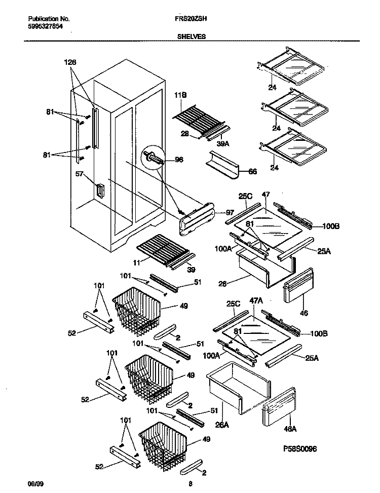 SHELVES Diagram and Parts List for FRS20ZSHB3  Frigidaire Refrigerator