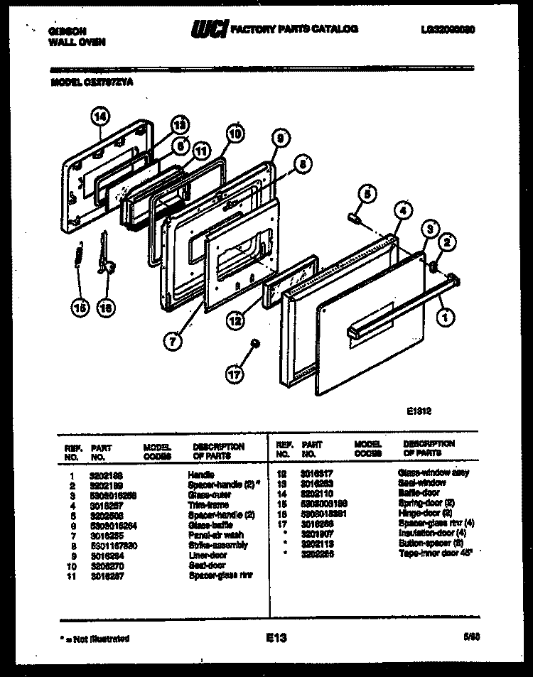 DOOR PARTS Diagram and Parts List for OE27S7ZYA  Gibson Wall Oven