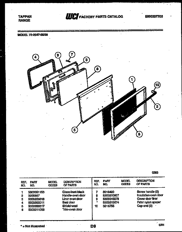 LOWER OVEN DOOR PARTS Diagram and Parts List for 72-2547-23-09  Tappan Range