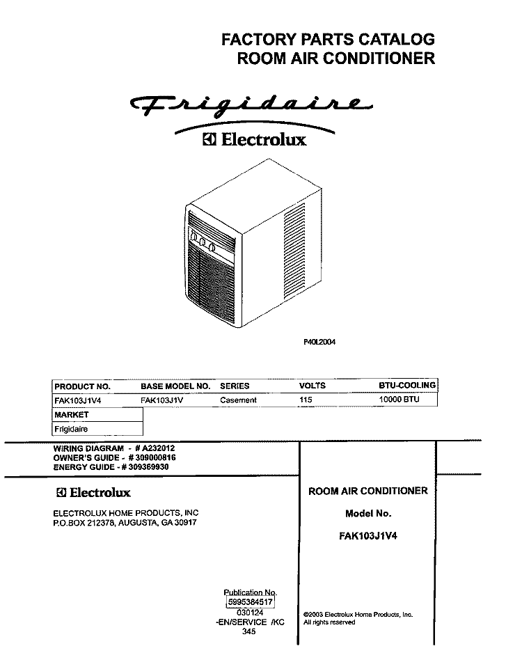 COVER Diagram and Parts List for FAK103J1V4  Frigidaire Air Conditioner