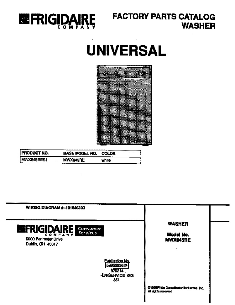 COVER Diagram and Parts List for MWX645RES1  Frigidaire Washer