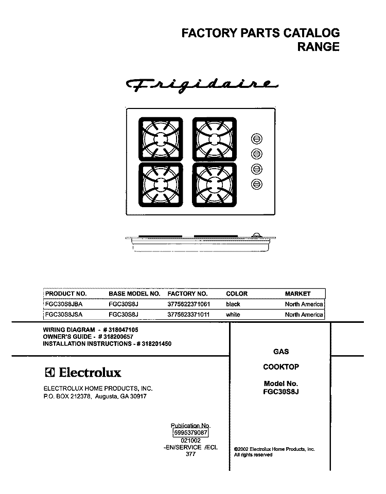COVER Diagram and Parts List for FGC30S8JBA  Frigidaire Cooktop