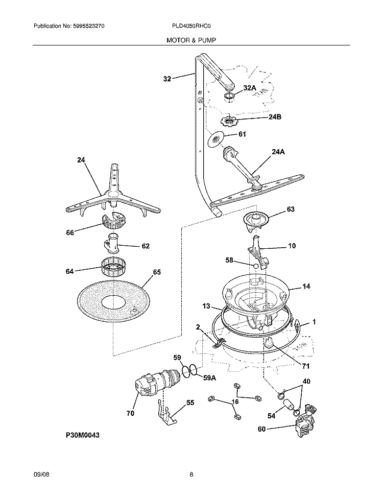 MOTOR & PUMP Diagram and Parts List for PLD4050RHC0  Frigidaire Dishwasher