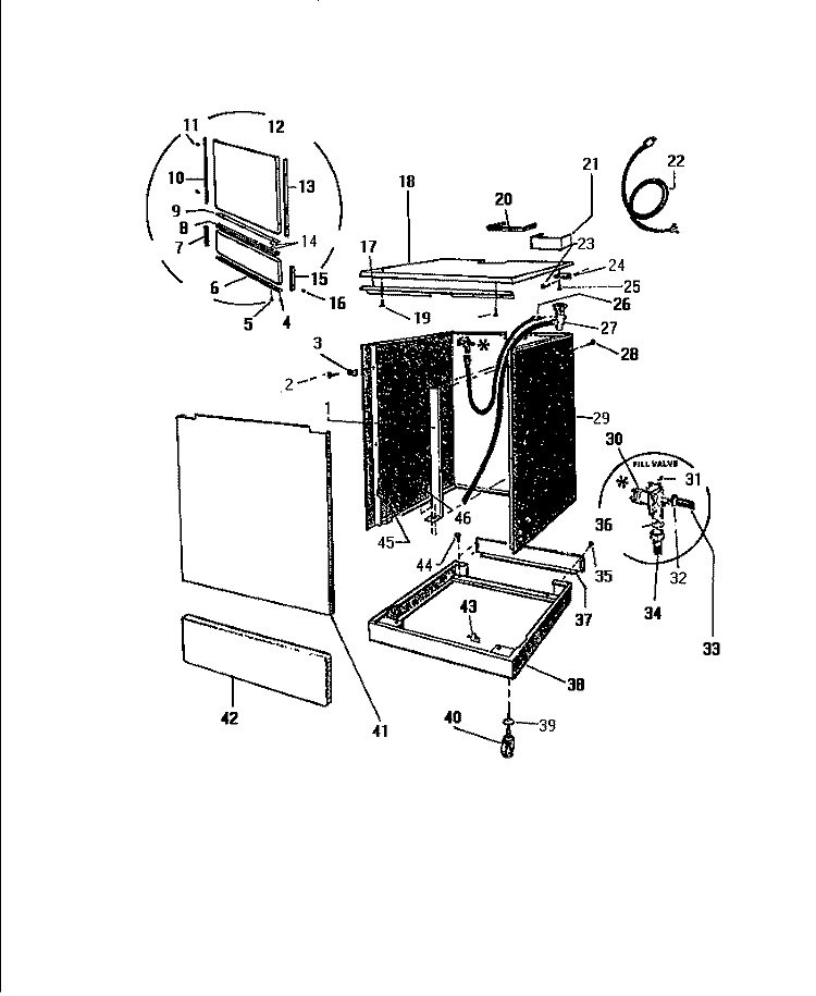 WRAPPER, TOP, VALVE & BASE Diagram and Parts List for SC750DXR6  Frigidaire Dishwasher