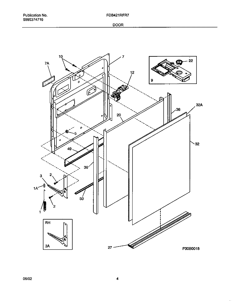 DOOR Diagram and Parts List for FDB421RFR7  Frigidaire Dishwasher